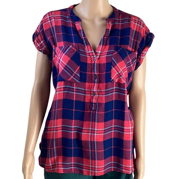 Gap Soft plaid popover short-sleeved V-neck cuffed sleeves L - Picture 1 of 4